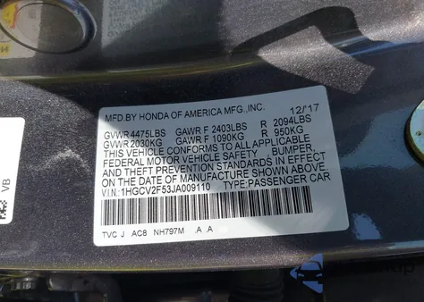 2018 Honda Accord Ex-L 2.0T z USA, uszkodzony, nr VIN 1HGCV2F53JA009110